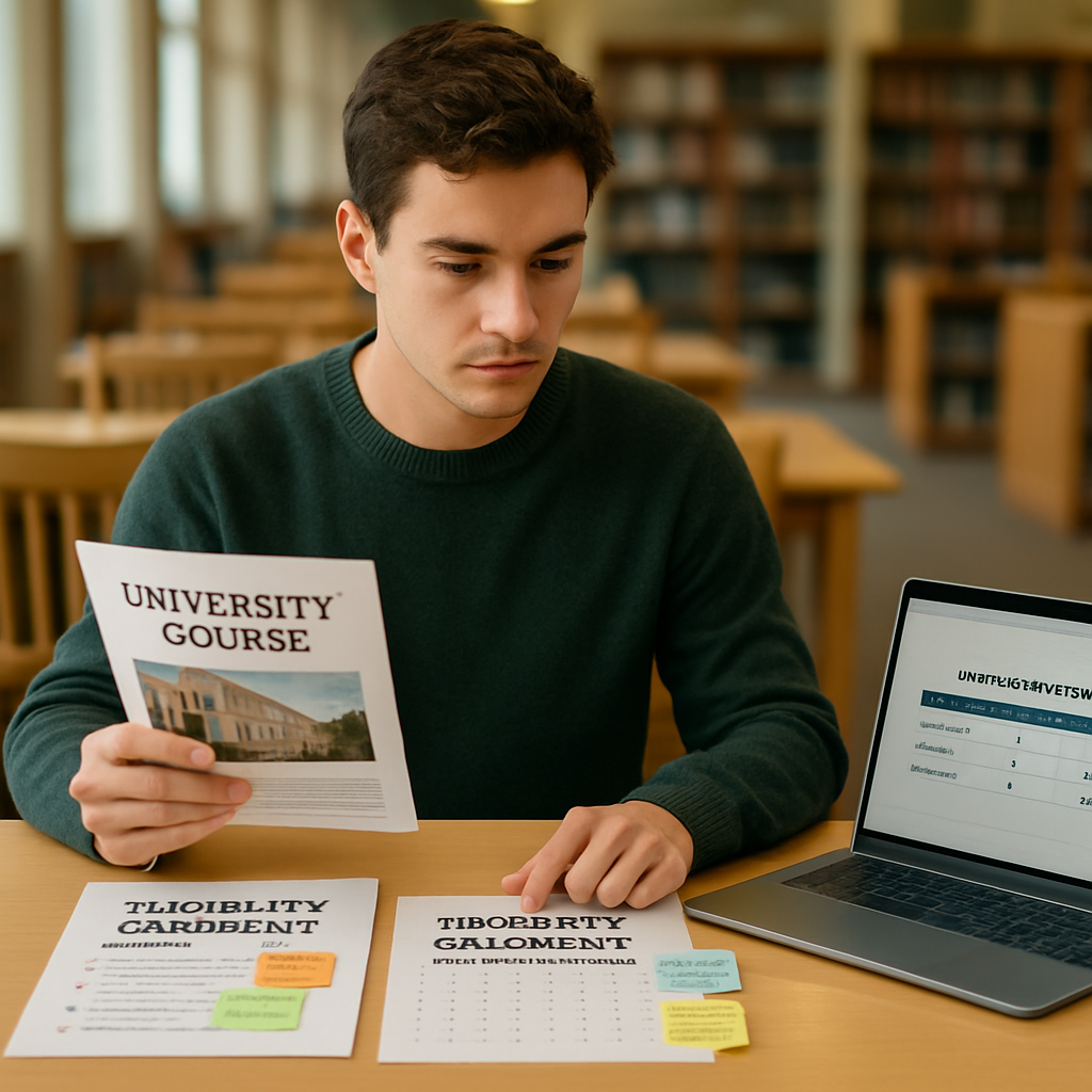 A prospective student compares undergraduate course options, eligibility requirements, and semester dates at a