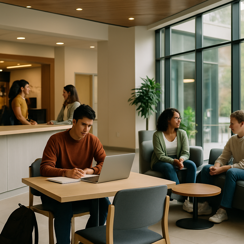 Students study, get support, and relax in a bright campus commons.