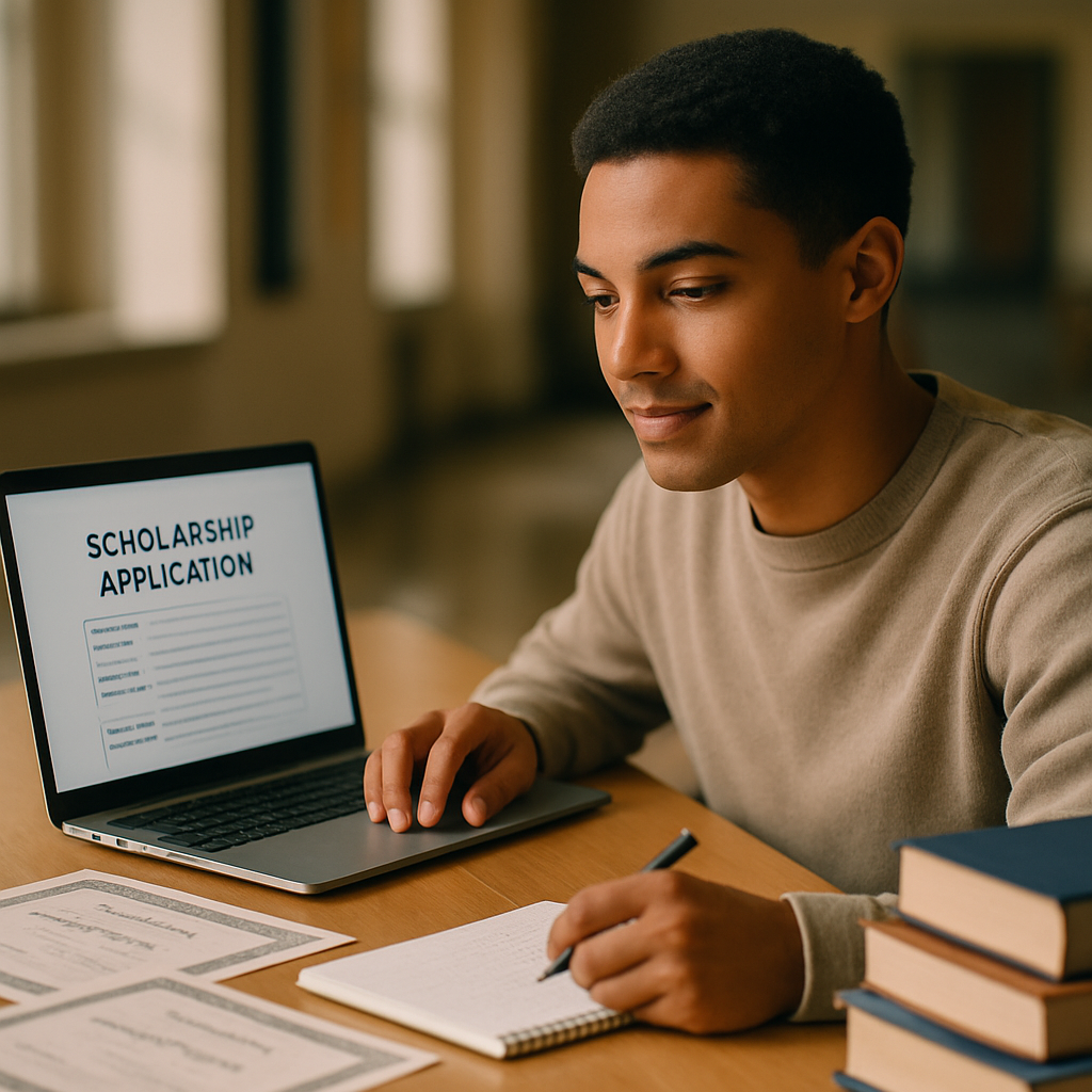 A focused college student reviews a scholarship application beside books and award certificates.