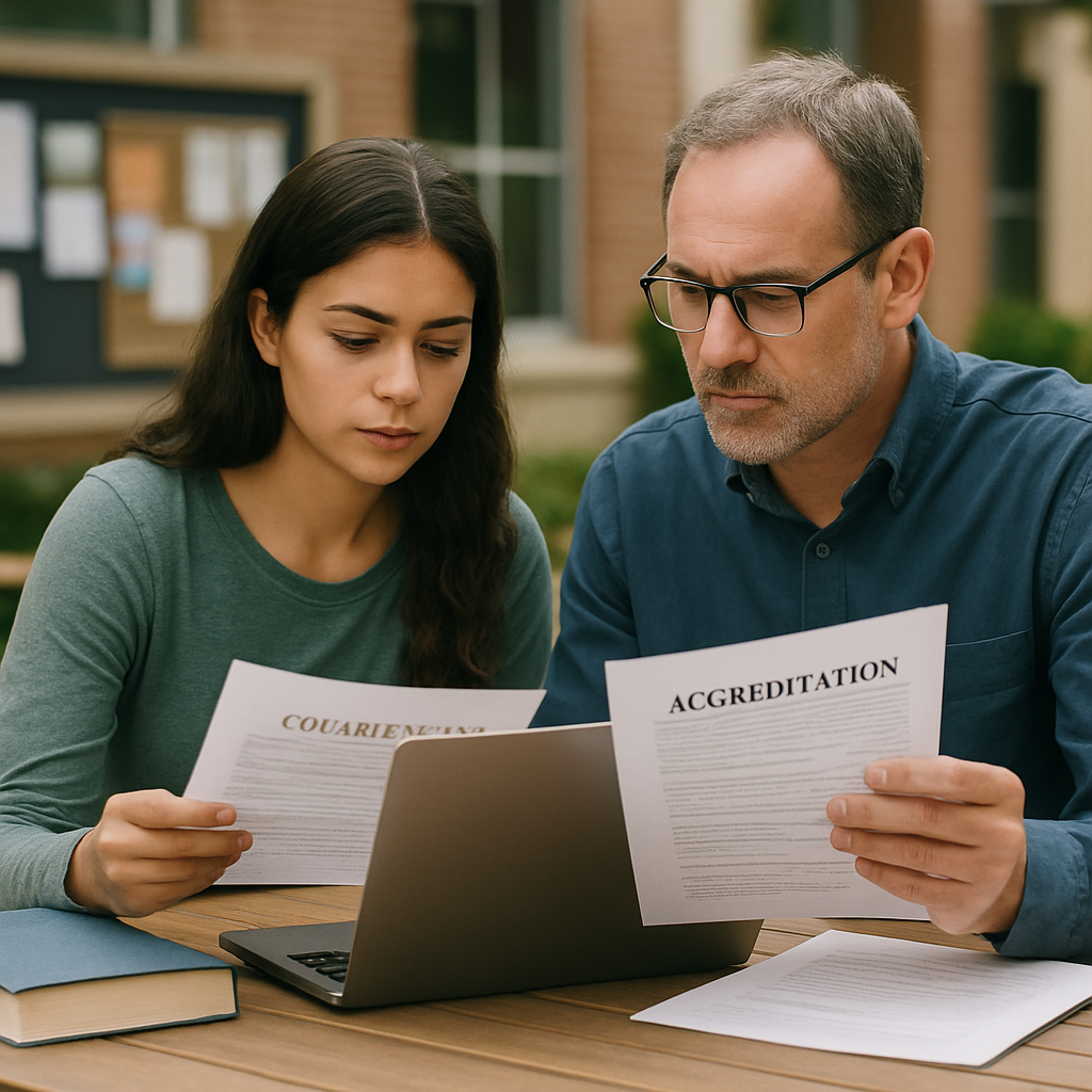 A prospective student and parent compare a college mission statement and accreditation documents on